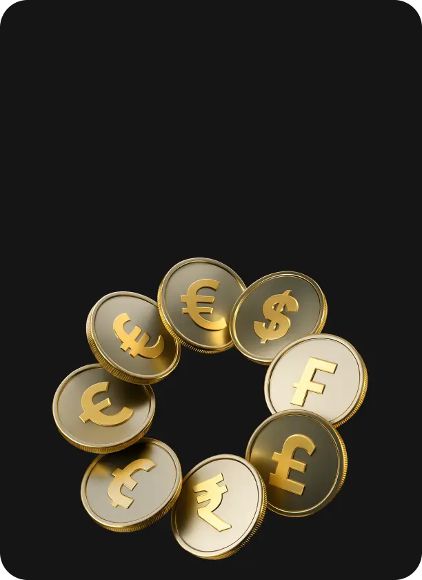 Gold and silver coins arranged in a circle, each featuring different currency symbols including the dollar, euro, pound, rupee, and franc.